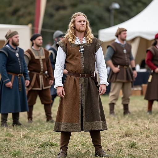 Photograph of a tall, blond Viking warrior with long hair, wearing a brown sleeveless tunic over a white shirt, standing in a grassy