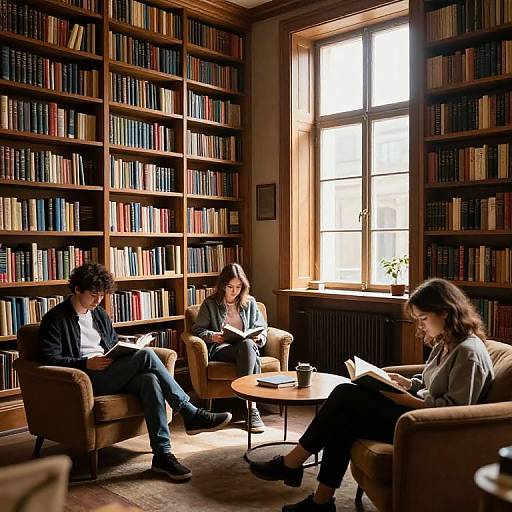Photograph of three people reading in a sunlit library room with tall wooden bookshelves, a large window, and brown armchairs.