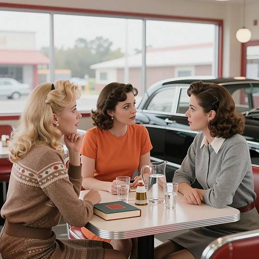 Three Women Conversing in 1950s Style Diner