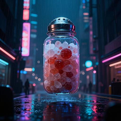 Photograph of a glass jar filled with red and white jelly-like spheres, centered on a wet, neon-lit urban street at night, with rain