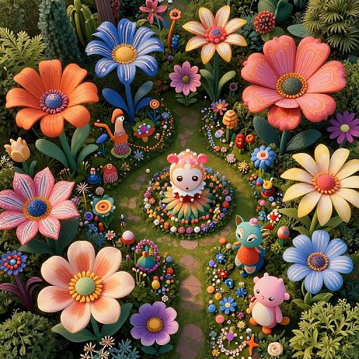 Vibrant digital illustration of a whimsical, colorful garden featuring oversized, cartoonish flowers, a smiling flower center, and playful characters amidst lush green