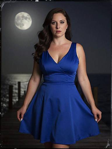 Curvy Woman in Royal Blue Dress Under Full Moon