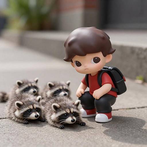 Stylized Doll with Raccoons in Sunlight