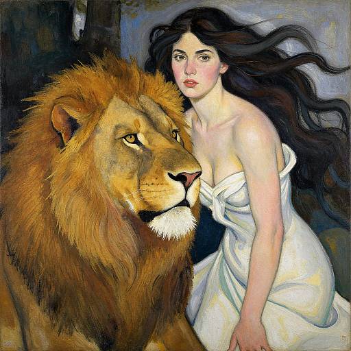 Painting of a fair-skinned woman with long black hair, in a white dress, standing beside a regal lion with a golden mane. The