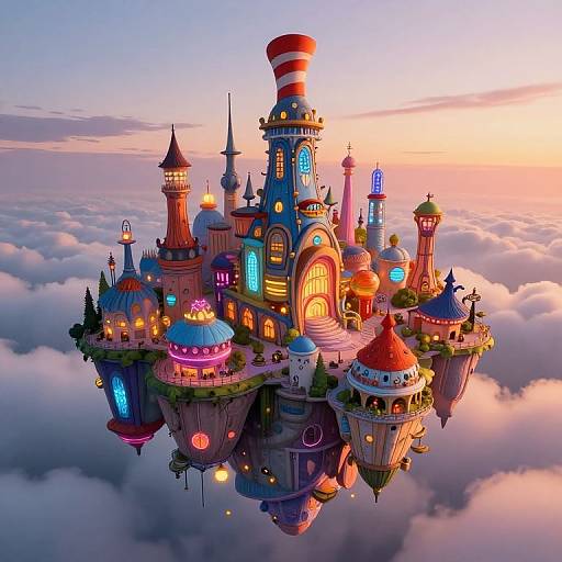 Whimsical floating castle with colorful, illuminated towers and domes, set against a pink and orange sunset sky above fluffy clouds. Digital illustration.