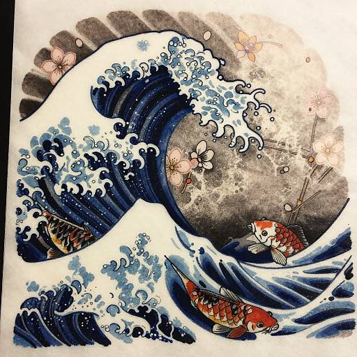 Traditional Japanese woodblock print of two koi fish swimming in turbulent, blue ocean waves with cherry blossoms and swirling clouds.