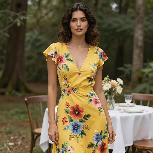 Photograph of a woman with wavy dark hair in a yellow floral dress, standing outdoors by a forest table with white cloth and flowers, wooden chairs
