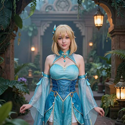Digital art of a blonde anime girl in a blue, fantasy-inspired, sleeveless dress with translucent sleeves, standing in a lush, candlelit garden.