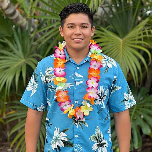 Photograph of a smiling young man with short black hair, wearing a blue floral shirt and colorful hibiscus lei, standing in front of lush