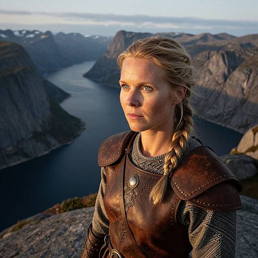 Photograph of a blonde woman in medieval leather armor with braided hair, standing on a rocky cliff overlooking a fjord landscape.