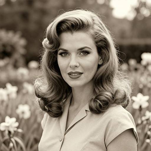 Black-and-white photograph of a 1950s-style woman with curled, shoulder-length hair, wearing a collared blouse, standing in a blurred floral