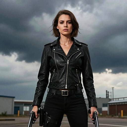Photograph of a confident woman with short brown hair, wearing a black leather jacket and pants, holding two guns, against a stormy sky background.