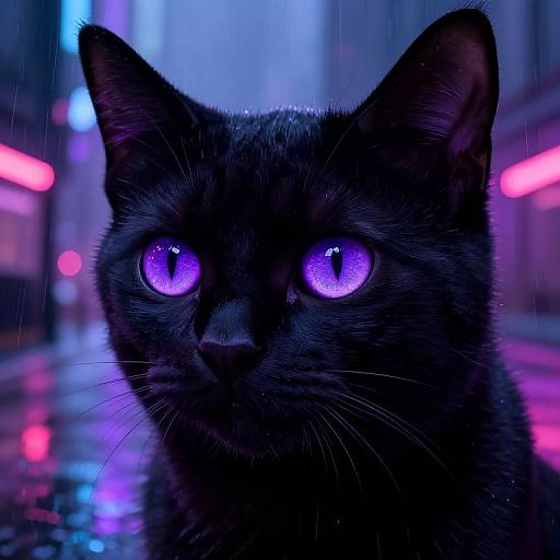Close-up photograph of a black cat with striking purple eyes in a neon-lit, rainy urban night scene, glowing pink and blue lights in the blurred