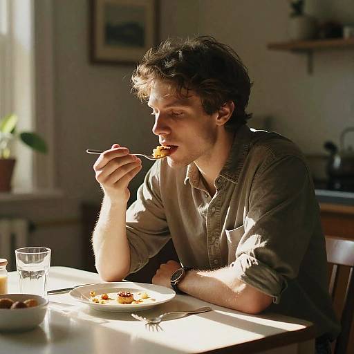 Photograph of a young man with curly brown hair, wearing a gray shirt, eating food with a fork in a sunlit kitchen.