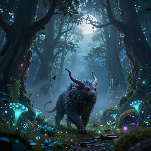 Fantasy forest scene: glowing mushrooms, blue bioluminescence, full moon, mysterious grey creature with horns and red eyes, misty atmosphere,