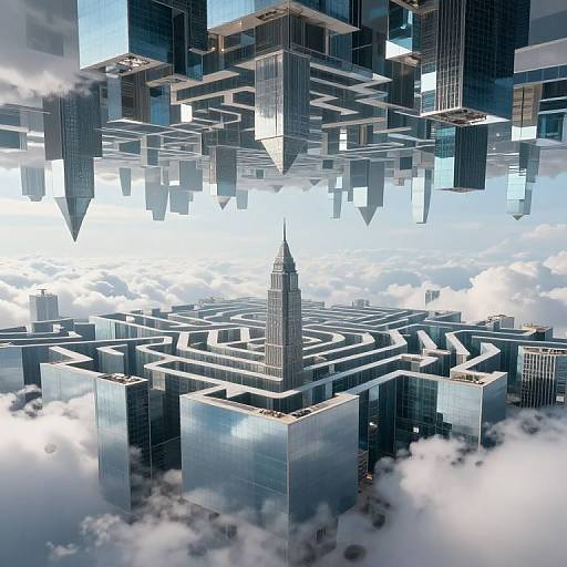 Digital art of a futuristic cityscape with floating skyscrapers, a central spire, and maze-like streets, surrounded by clouds.