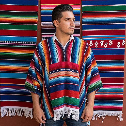 Photograph of a young man with short dark hair, wearing a colorful, striped, traditional Mexican poncho, standing in front of vibrant, horizontally striped