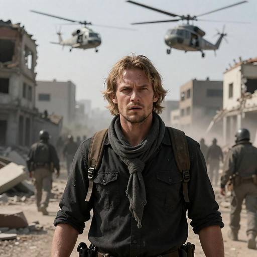 Rugged Man in War-Torn City with Helicopters