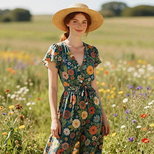 Photograph of a smiling, fair-skinned woman with red hair, wearing a floral dress and straw hat, standing in a sunlit, colorful me