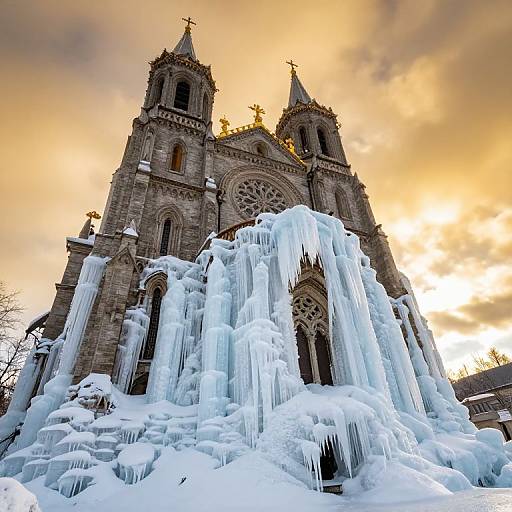 Photograph of a Gothic-style church engulfed in thick, icy icicles at sunset, with a golden-orange sky in the background.