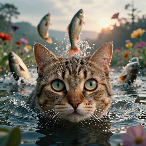 Photograph: A tabby cat with wide green eyes swims in a colorful pond, splashing water as three fish leap above. Sun sets in the