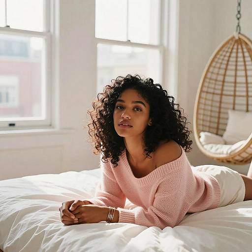 Photograph of a curly-haired woman with medium-brown skin, wearing an off-shoulder pink sweater, lying on a white bed, sunlight streaming