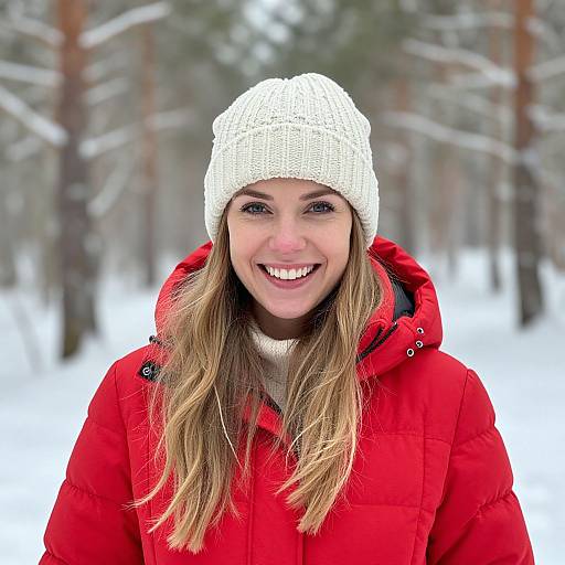 Photograph of a smiling young woman with light brown hair, wearing a white knit hat, red winter jacket, and beige scarf, standing in a snowy