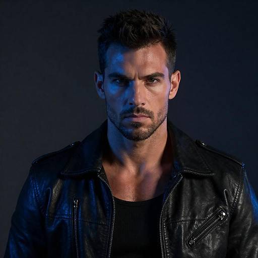 Serious Blue-Lit Man in Leather Jacket