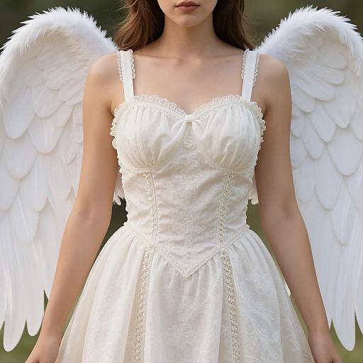 Photograph of a woman with white angel wings wearing an elegant, white, lace-trimmed, strapless wedding dress, standing outdoors.