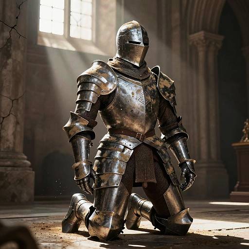Photograph of a knight in full, shiny silver armor kneeling in a sunlit, ancient stone cathedral with arched windows and shadowed columns.