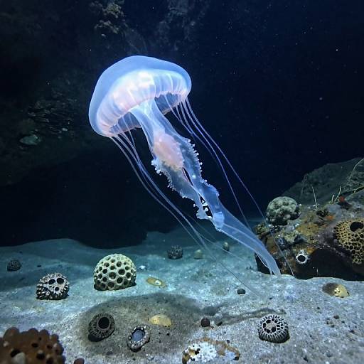 Photograph of a glowing blue jellyfish with translucent tentacles floating above a dark, underwater coral reef with various spherical and patterned sponges.