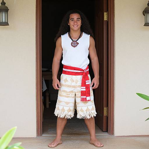 Photograph of a young woman with long curly hair, wearing a white sleeveless top, red belt, and white fringed skirt, standing in a