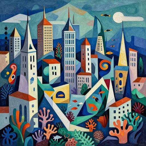 Vibrant, surreal cityscape painting with blue, red, and orange coral-like flora, tall white and beige buildings, and a bright moonlit