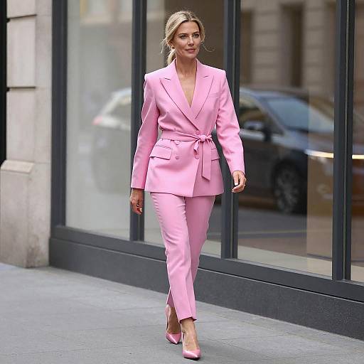 Confident Woman in Bright Pink Suit Walking in City