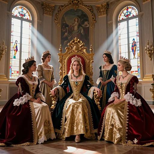 Photograph of five regal women in ornate, medieval-style gowns with gold and burgundy details, seated around a golden throne in a sun