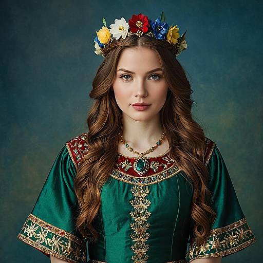 Young Woman in Medieval-Style Dress with Flower Crown
