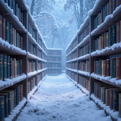 Photograph of a snow-covered library aisle with rows of snow-dusted bookshelves, leading to a bright, snowy, tree-filled background.