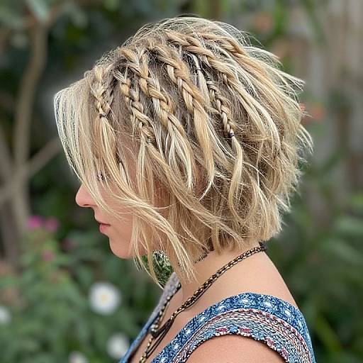 Photograph of a blonde woman with a short, wavy bob and intricate braided crown, wearing a blue and white patterned top, against a
