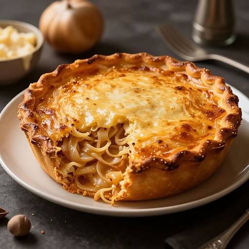 Photograph of a golden-brown, cheesy baked pasta pie on a white plate, with a fork and small pumpkin in the background.
