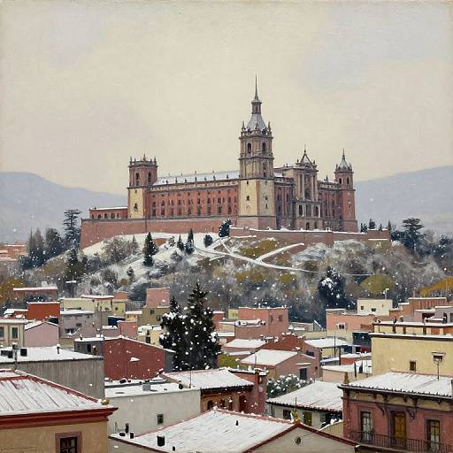 Photograph of a snow-covered, historic European castle with multiple towers, surrounded by a hillside village with colorful, flat-roofed buildings.