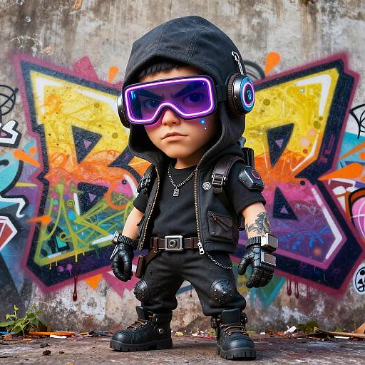 Photorealistic CGI of a toddler in black punk gear, neon sunglasses, headphones, gloves, and knee pads, standing against vibrant graffiti wall.
