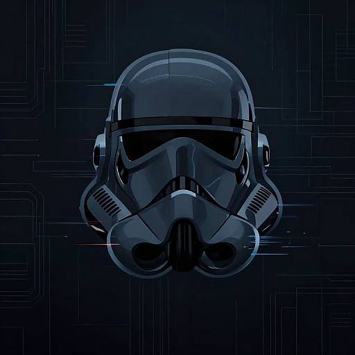 Digital illustration of a blue, glossy Stormtrooper helmet centered on a dark, circuit-like background, with glowing lines and reflections.