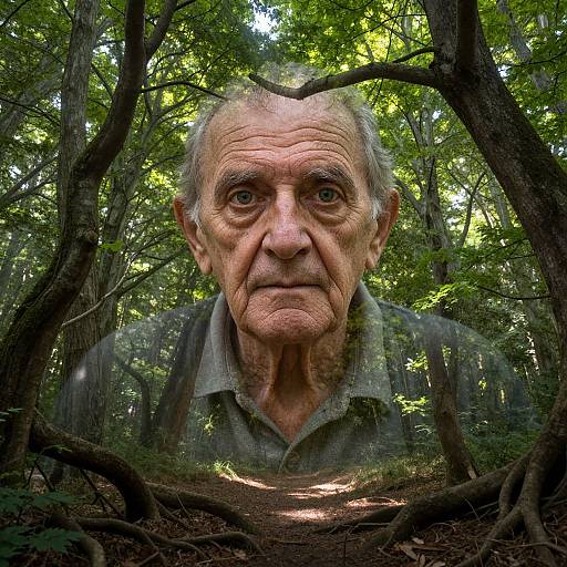 Photograph of an elderly man with wrinkled skin, grey hair, and intense expression, superimposed into a dense, sunlit forest.