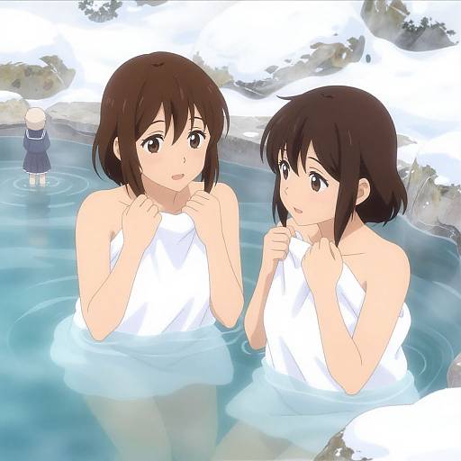Digital anime drawing of two brown-haired girls with towels in a snowy hot spring, looking at a small, distant figure.