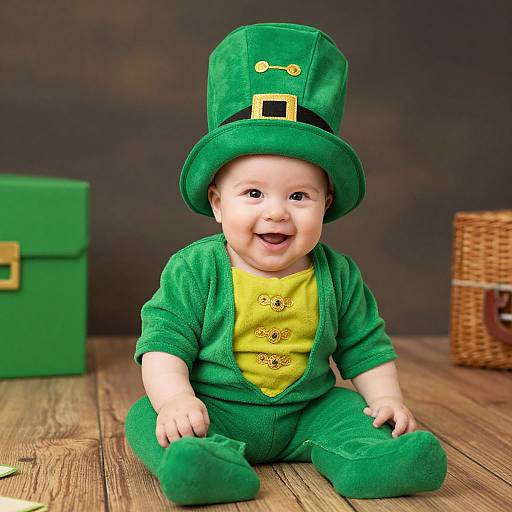 Photograph of a smiling baby in a green leprechaun outfit with a tall hat, yellow shirt, and wooden floor background.