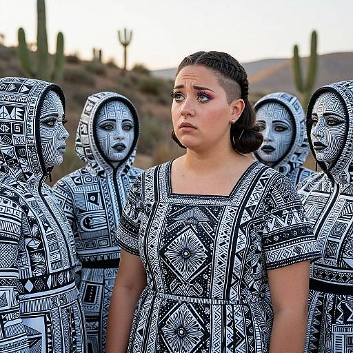 Photograph of a young Latina girl with dark hair and pink eyeshadow, surrounded by four women in black-and-white geometric patterned clothes, c