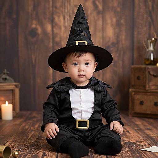 Photograph of an adorable baby with fair skin, wearing a black witch costume, sitting on wooden floor, candles, wooden background, and rustic decor.