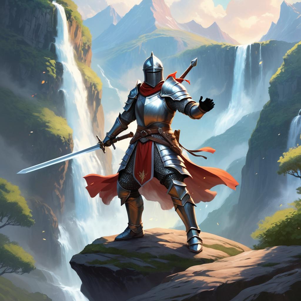 Determined Knight Battling Magic on Mountain