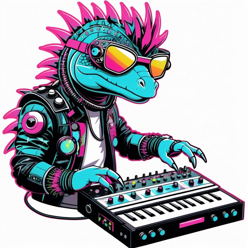 Cyborg Lizard in Retro Synthpop Style