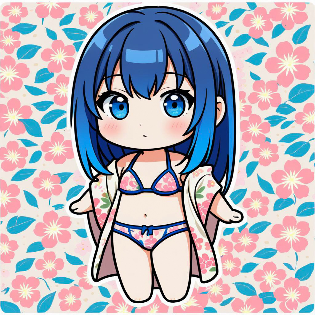 Chibi Style Blue-Haired Woman in Bikini